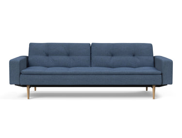 Dublexo Styletto Light Wood sovesofa med armlæn i 302 Weda Blue, set forfra