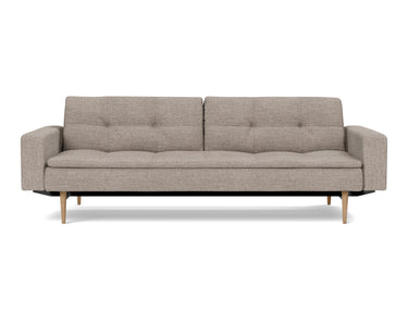 Dublexo Styletto Light Wood sovesofa med armlæn i 472 Yuveno Warm Grey, set forfra