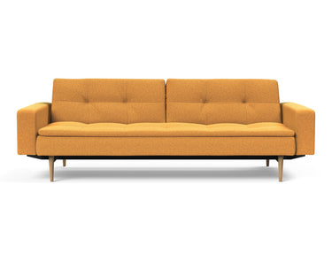 Dublexo Styletto Light Wood sovesofa med armlæn i 536 Bouclé Ochre, set forfra