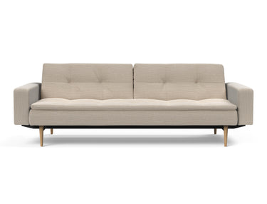 Dublexo Styletto Light Wood sovesofa med armlæn i 612 Blida Sand Grey, set forfra