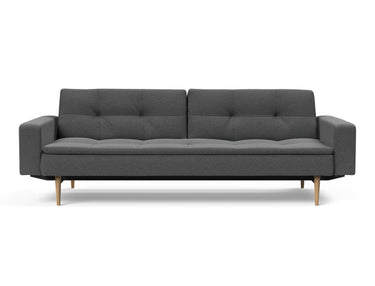 Dublexo Styletto Light Wood sovesofa med armlæn i 852 Mahoga Seal Grey, set forfra
