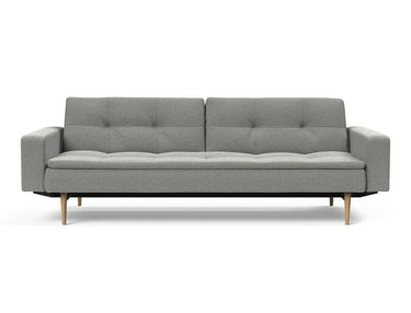 Dublexo Styletto Light Wood sovesofa med armlæn i 853 Mahoga Dove Grey, set forfra