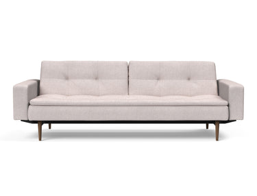 Dublexo Styletto Dark Wood sovesofa med armlæn i 300 Weda Sand, set forfra