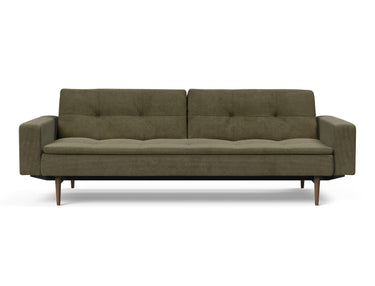 Dublexo Styletto Dark Wood sovesofa med armlæn i 316 Cordufine Pine Green, set forfra