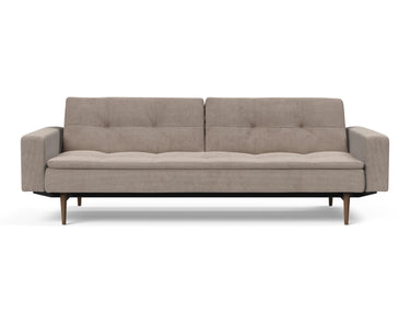 Dublexo Styletto Dark Wood sovesofa med armlæn i 318 Cordufine Beige, set forfra