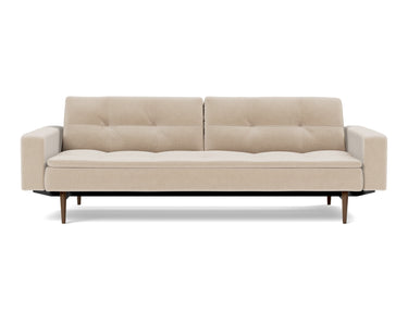 Dublexo Styletto Dark Wood sovesofa med armlæn i 410 Esina Almond, set forfra