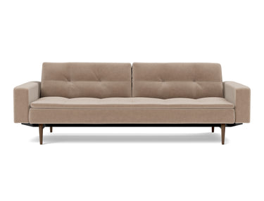 Dublexo Styletto Dark Wood sovesofa med armlæn i 417 Esina Mocha, set forfra
