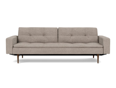 Dublexo Styletto Dark Wood sovesofa med armlæn i 472 Yuveno Warm Grey, set forfra
