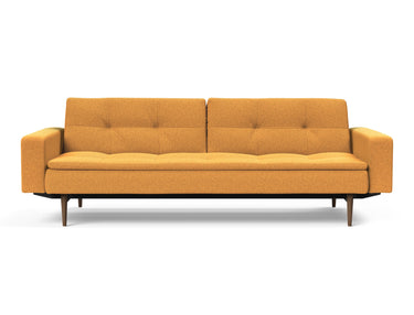 Dublexo Styletto Dark Wood sovesofa med armlæn i 536 Bouclé Ochre, set forfra