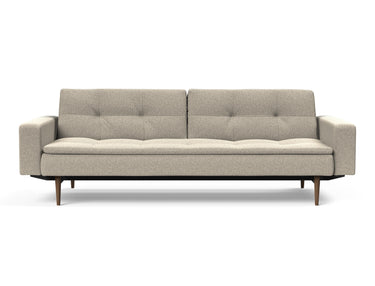 Dublexo Styletto Dark Wood sovesofa med armlæn i 539 Bouclé Beige, set forfra