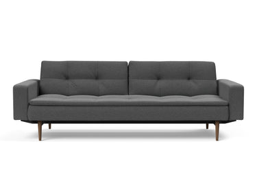 Dublexo Styletto Dark Wood sovesofa med armlæn i 852 Mahoga Seal Grey, set forfra