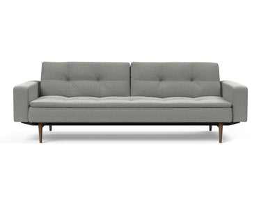Dublexo Styletto Dark Wood sovesofa med armlæn i 853 Mahoga Dove Grey, set forfra
