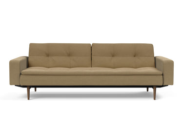 Dublexo Styletto Dark Wood sovesofa med armlæn i 860 Yogia Olive Brown, set forfra