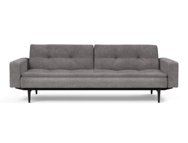 Dublexo Styletto Black Wood sovesofa med armlæn i 282 Avella Warm Grey, set forfra