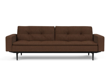 Dublexo Styletto Black Wood sovesofa med armlæn i 359 Taura Cappuccino, set forfra