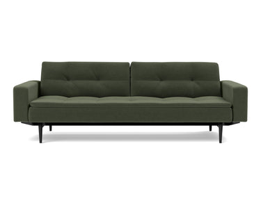 Dublexo Styletto Black Wood sovesofa med armlæn i 413 Esina Olive Green, set forfra