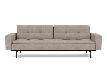 Dublexo Styletto Black Wood sovesofa med armlæn i 472 Yuveno Warm Grey, set forfra