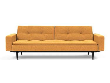 Dublexo Styletto Black Wood sovesofa med armlæn i 536 Bouclé Ochre, set forfra