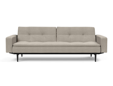 Dublexo Styletto Black Wood sovesofa med armlæn i 579 Kenya Gravel, set forfra