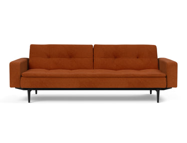 Dublexo Styletto Black Wood sovesofa med armlæn i 595 Corduroy Burnt Orange, set forfra
