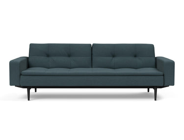 Dublexo Styletto Black Wood sovesofa med armlæn i 851 Mahoga Dark Blue, set forfra