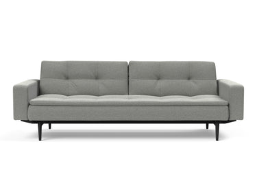 Dublexo Styletto Black Wood sovesofa med armlæn i 853 Mahoga Dove Grey, set forfra