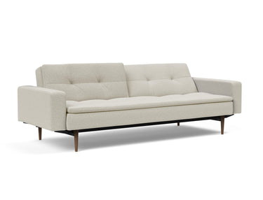Dublexo Styletto Dark Wood sovesofa med armlæn i 527 Mixed Dance Natural, med den ene ryghalvdel lænet tilbage