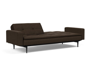 Dublexo Styletto Black Wood sovesofa med armlæn i 358 Taura Chocco, med den ene ryghalvdel lagt ned