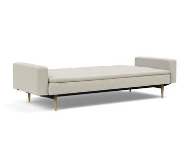 Dublexo Styletto Light Wood sovesofa med armlæn i 527 Mixed Dance Natural, slået ud til seng