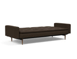 Dublexo Styletto Dark Wood sovesofa med armlæn i 358 Taura Chocco, slået ud til seng