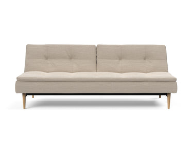 Dublexo Styletto Light Wood sovesofa i 612 Blida Sand Grey, set forfra