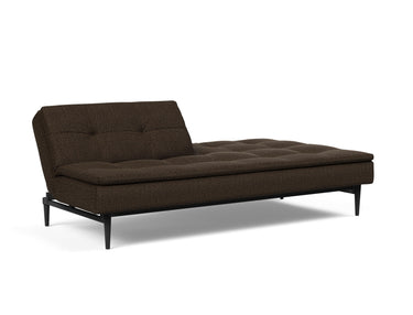 Dublexo Styletto Black Wood sovesofa i 358 Taura Chocco, med den ene ryghalvdel lagt ned