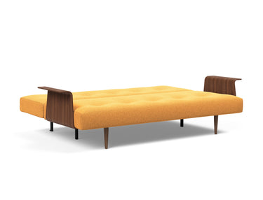 Recast Dark Styletto sovesofa med armlæn i 536 Bouclé Ochre, slået ud til seng