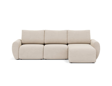 Norum sovesofa med chaiselong og Curve armlæn i 612 Blida Sand Grey, set forfra