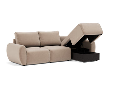 Norum sovesofa med chaiselong og Curve armlæn i 417 Esina Mocha, med åben opbevaring