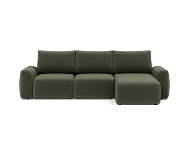 Norum sovesofa med chaiselong og Chunky armlæn i 413 Esina Olive Green, set forfra