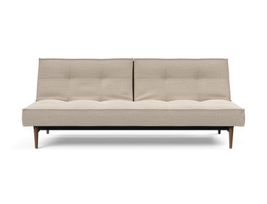 Splitback Styletto Dark Wood sovesofa i 612 Blida Sand Grey, set forfra