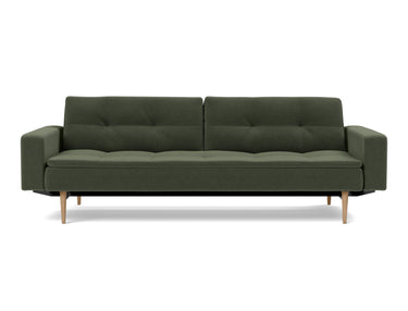 Dublexo Styletto Light Wood sovesofa med armlæn i 413 Esina Olive Green, set forfra