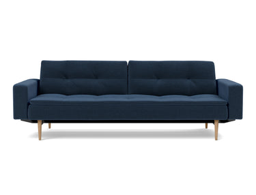 Dublexo Styletto Light Wood sovesofa med armlæn i 414 Esina Indigo Blue, set forfra