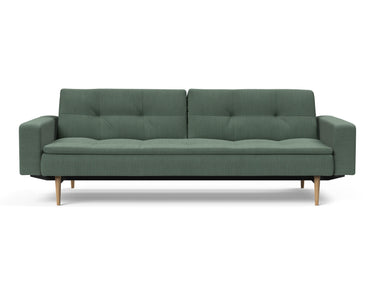 Dublexo Styletto Light Wood sovesofa med armlæn i 518 Elegance Green, set forfra