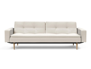 Dublexo Styletto Light Wood sovesofa med armlæn i 531 Bouclé Off White, set forfra