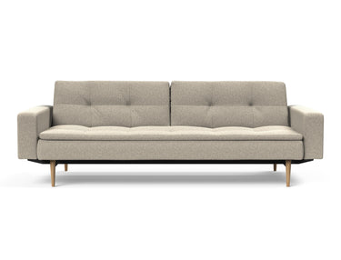 Dublexo Styletto Light Wood sovesofa med armlæn i 539 Bouclé Beige, set forfra