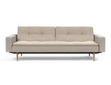 Dublexo Styletto Light Wood sovesofa med armlæn i 612 Blida Sand Grey, set forfra