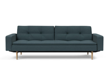 Dublexo Styletto Light Wood sovesofa med armlæn i 851 Mahoga Dark Blue, set forfra