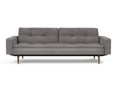 Dublexo Styletto Dark Wood sovesofa med armlæn i 282 Avella Warm Grey, set forfra