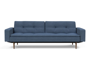 Dublexo Styletto Dark Wood sovesofa med armlæn i 302 Weda Blue, set forfra