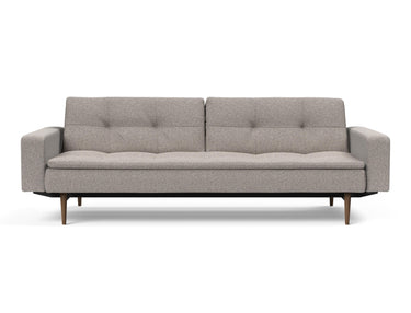 Dublexo Styletto Dark Wood sovesofa med armlæn i 321 Corocco Warm Grey, set forfra
