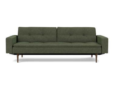 Dublexo Styletto Dark Wood sovesofa med armlæn i 353 Taura Forest, set forfra