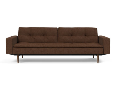 Dublexo Styletto Dark Wood sovesofa med armlæn i 359 Taura Cappuccino, set forfra
