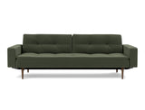 Dublexo Styletto Dark Wood sovesofa med armlæn i 413 Esina Olive Green, set forfra